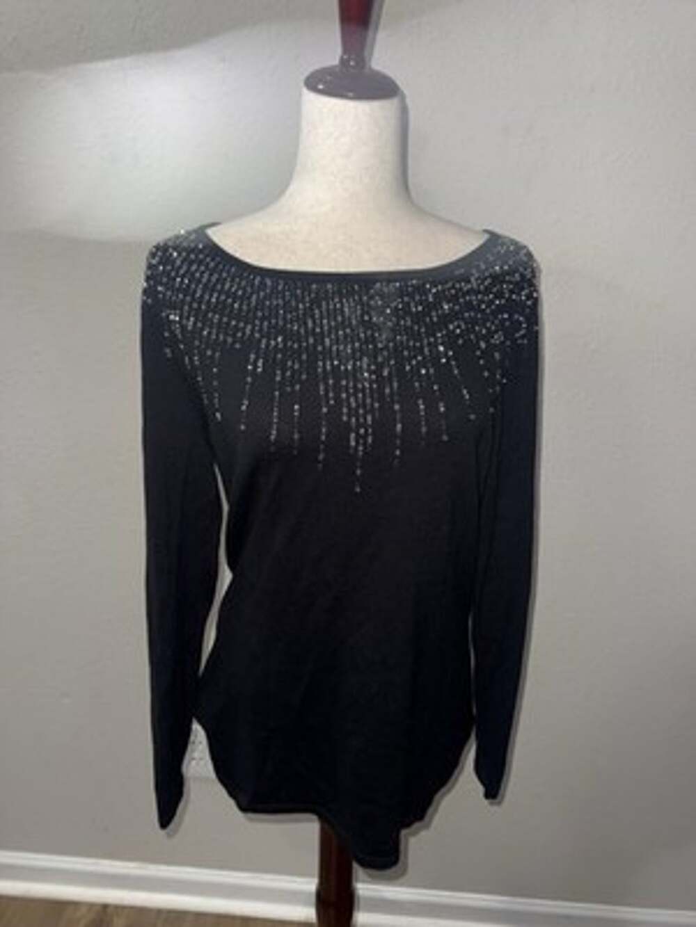 REBA Sequin Embellished Knit Sweater Top Black Scoop Boat Neck Womens Large